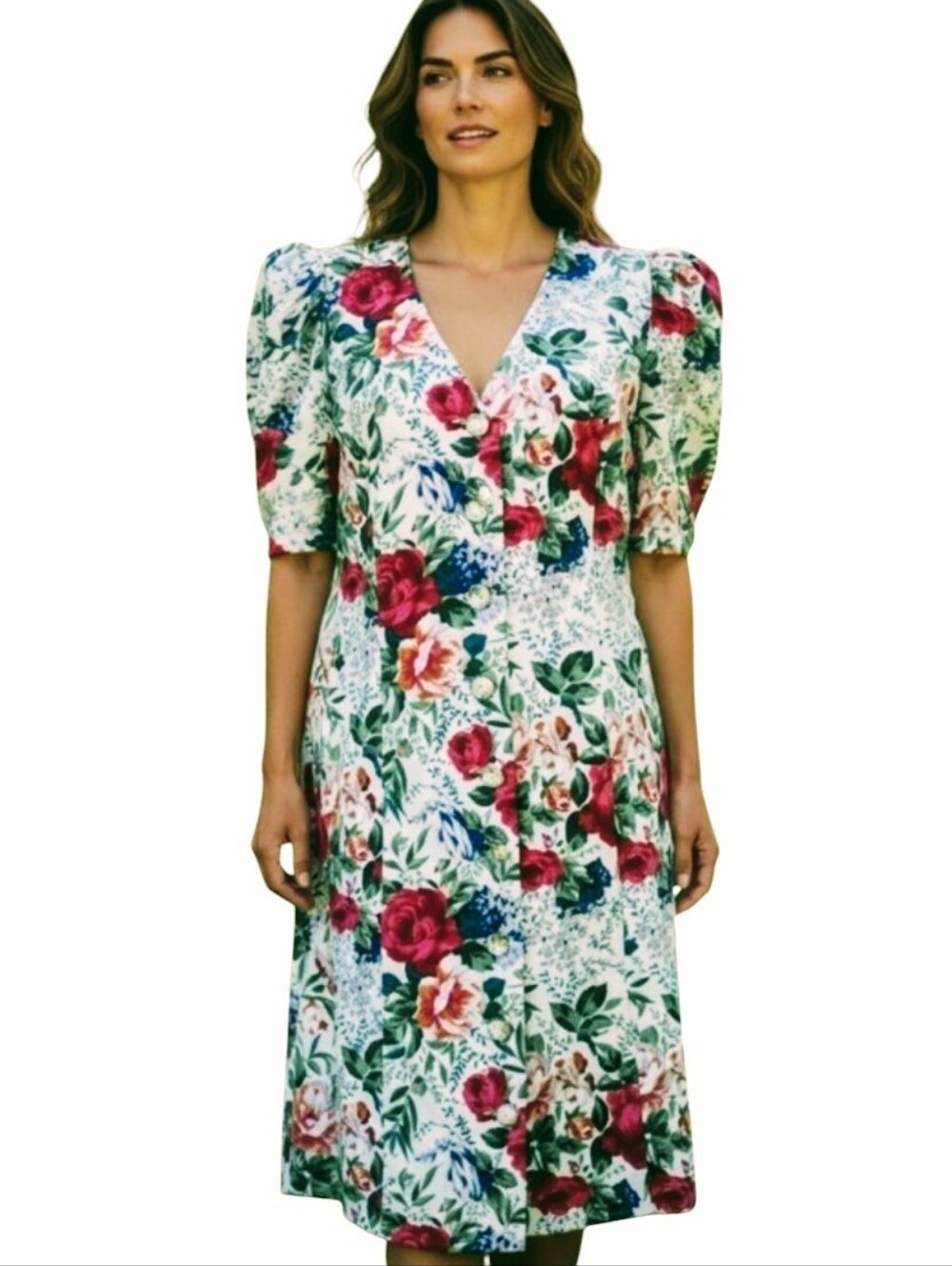 Vintage 80s90s All That Jazz Floral Puff Sleeve Dress Pearly Rose Buttons Sz 7/8